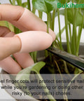 Hands wearing champagne color silicone finger sleeves while trimming plants, 12 Pack Gel Finger Cots For Pain Relief And Fingertip Protection.