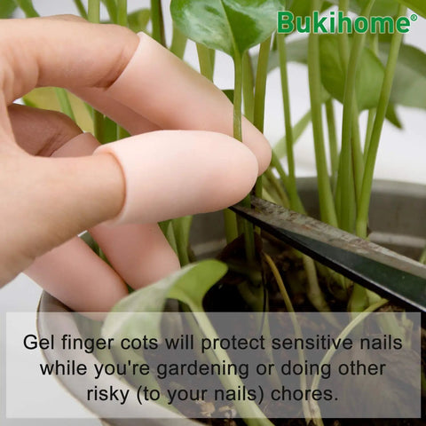 Hands wearing champagne color silicone finger sleeves while trimming plants, 12 Pack Gel Finger Cots For Pain Relief And Fingertip Protection.