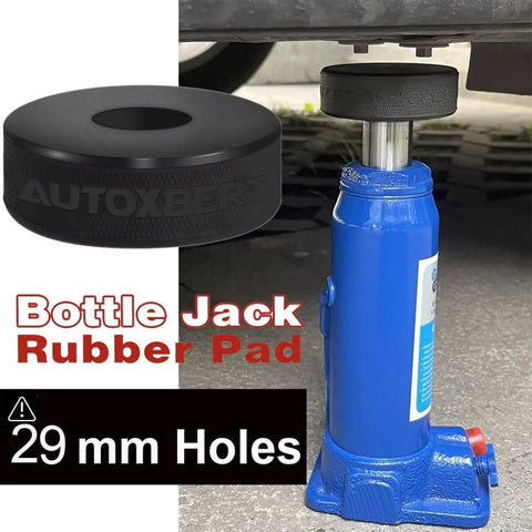 Heavy Duty Bottle Jack Pad Adapter Rubber With 29mm Hole And 1 1/8 Inch Recess On Bottom Jacking Point, Universal Fit For 5 To 6 Ton Bottle Jacks, Prevent Slippage And Car Damage During Lifts, shown in use under vehicle.