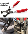Hose Clamp Pliers for Automotive Use With Swivel Flat Band, durable carbon steel, demonstrated in various automotive settings.