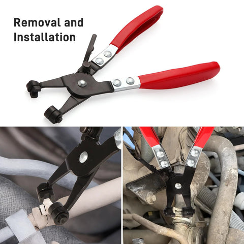 Hose Clamp Pliers for Automotive Use With Swivel Flat Band, durable carbon steel, demonstrated in various automotive settings.