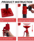 Red cabinet installation jack with adjustable vertical rod and clamp handle; step-by-step instructions 1–4.