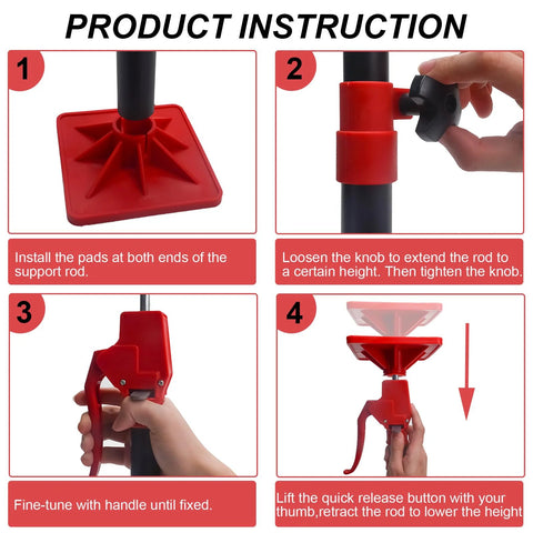 Red cabinet installation jack with adjustable vertical rod and clamp handle; step-by-step instructions 1–4.