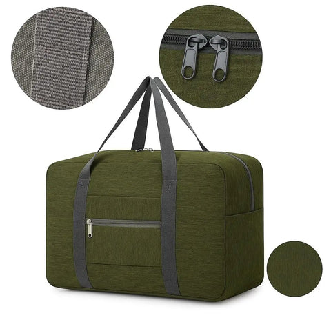Go-To Foldable Travel Duffel Tote Bag Lightweight Carry On Personal Item for Women and Men Fits Underseat Airline Size 18x14x8 Inches Spirit Frontier Military Green No Shoulder Strap Included Durable Tear Resistant Gear.