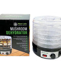 Slick 350 Watt Mushroom Dehydrator With Adjustable Temperature Control And Five Extra Tall Trays, showing unit beside packaging.