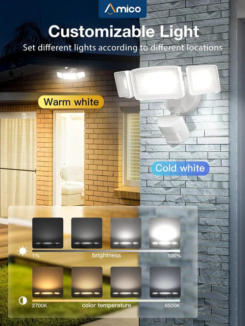 Smart Outdoor LED Flood Light With Motion Sensor, 40W, 4000LM, IP65 Waterproof, showing warm and cold white settings.