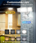 Smart LED Motion Sensor Outdoor Flood Lights 40W 4000LM 2700K 6500K Color Temp IP65 Waterproof Google Home Compatible WiFi App Control 2 Pack Garage Yard Security Lighting Ultra Bright Easy Auto On showing warm and cold light options on a house exterior.