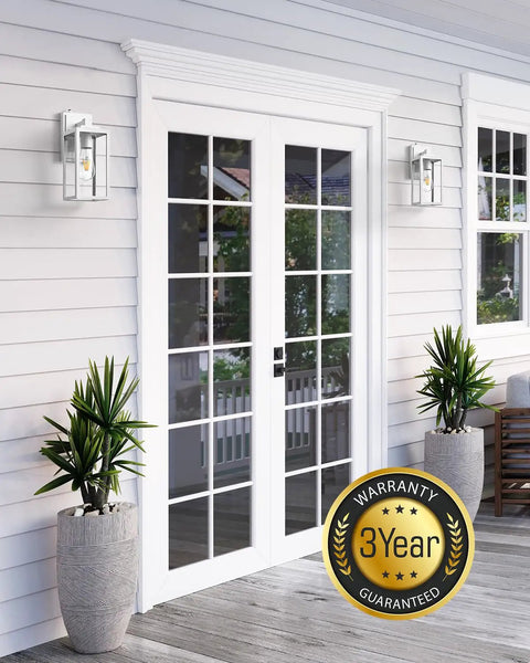 White entryway with 2 Pack Dusk To Dawn Outdoor Wall Lanterns Waterproof Aluminum Sconce Lights with tempered seeded glass