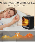 Compact 500W Space Heater For Home Office And Dorm, mini heater on bedside table, woman sleeping peacefully, heat waves shown.