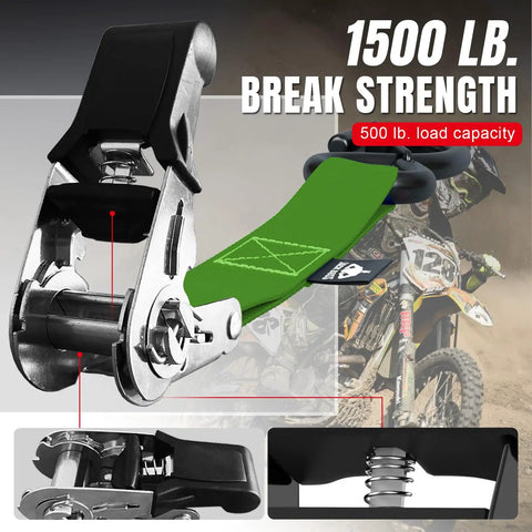 Close-up of Heavy Duty Ratchet Tie Down Straps Workhorse Cinch Lockdown 1500 Lbs with metal ratchet and green strap.