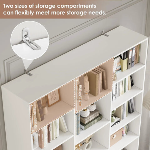 Triple Wide Bookshelf With Six Tier Storage And Seventeen Open Shelves In Pure White showing adjustable compartments for flexible storage.