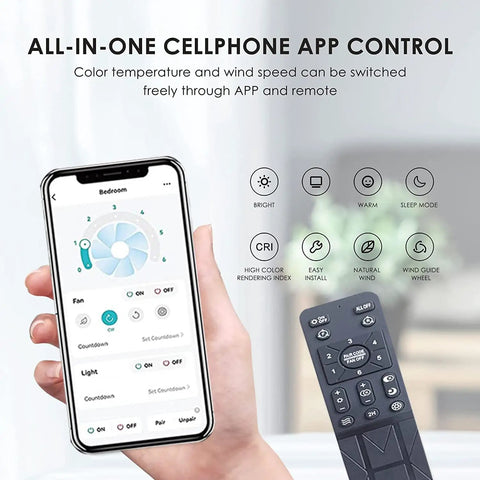 Person holding phone app for sleek 20 inch bladeless ceiling fan with light remote control three color temperature dope low profile gold finish.
