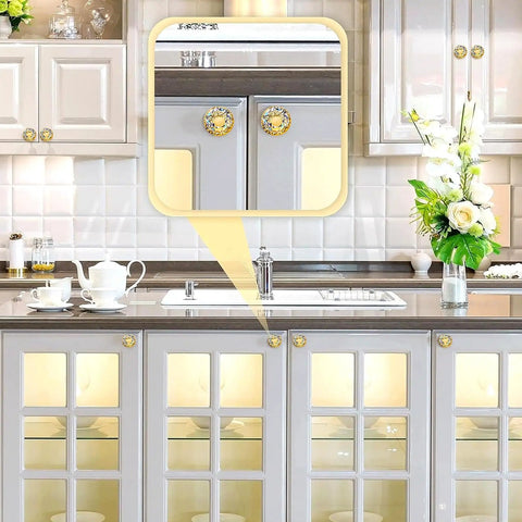 Kitchen cabinets with Crystal Drawer Knobs 30mm Diamond Glass Cabinet Pulls With Screws 30 Piece Gold Clear Hardware Set installed.