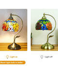 Rose Floral Stained Glass Table Lamp With Antique Brass Curved Base, Handmade Reading Lamp, LED Bulb Included