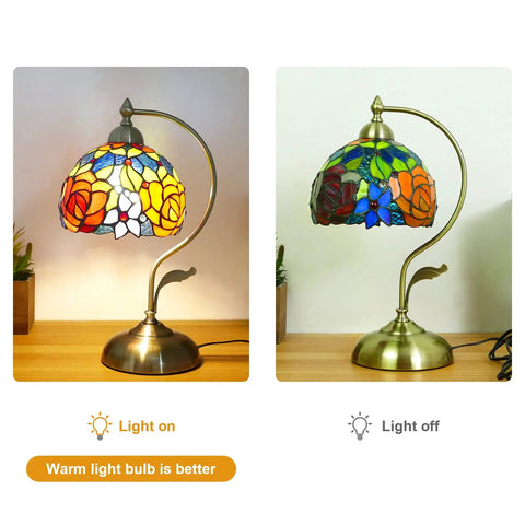 Rose Floral Stained Glass Table Lamp With Antique Brass Curved Base, Handmade Reading Lamp, LED Bulb Included
