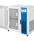 Rock Solid Premium Ultra Low Temperature Undercounter Lab Freezer With Digital Thermostat And Secure Keyed Lock for research, showing double door design.