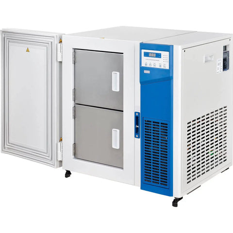 Rock Solid Premium Ultra Low Temperature Undercounter Lab Freezer With Digital Thermostat And Secure Keyed Lock for research, showing double door design.