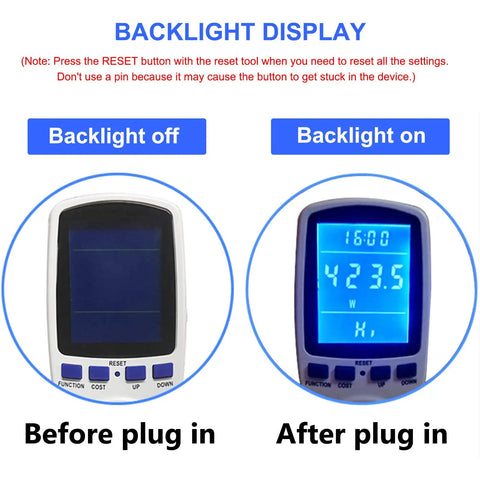 Power Meter Plug For Home Energy Monitoring With Backlit Display Tracks Watts Kilowatt Hours Volts Amps Hertz Power Factor Cost And Time Min Max Power 7 Display Modes Overload Protection, backlight on and off