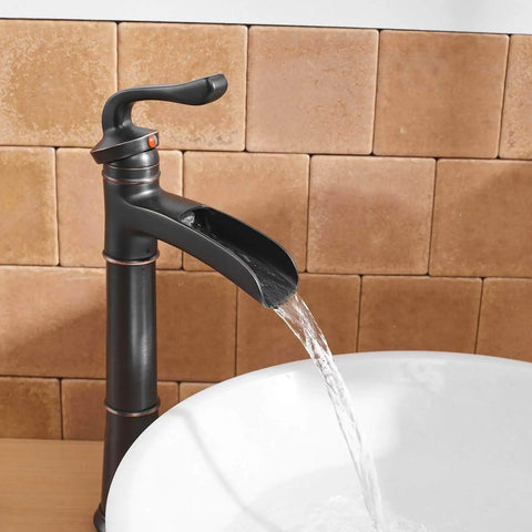 Antique Oil Rubbed Bronze Vessel Sink Faucet With Waterfall Spout Tall Single Hole Farmhouse Black Finish Pop Up Drain