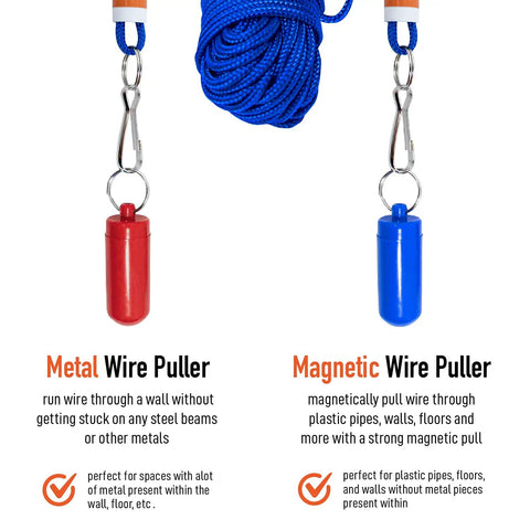Magnetic Wire Pulling Kit With Changeable Metal And Magnetic Leaders For Easy Wall Wiring, metal and magnetic leaders shown
