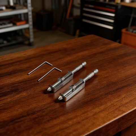 Super Cool Spring Loaded Screwdriver Bit Extension With Non Magnetic Grip For Slotted And Phillips Torx Bits In Silver. This One-Handed Pro Repair Tool Is A Total Game Changer For Fastening Jobs And Keeps Fasteners Secure While You Work Hard On Any Tough. silver metal bit holders on wood table with hex bits