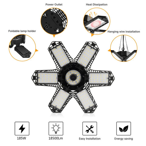 4 Foot LED Shop Light With 6 Foldable Heads, 50W 6500K Daylight White, showing foldable design and installation features