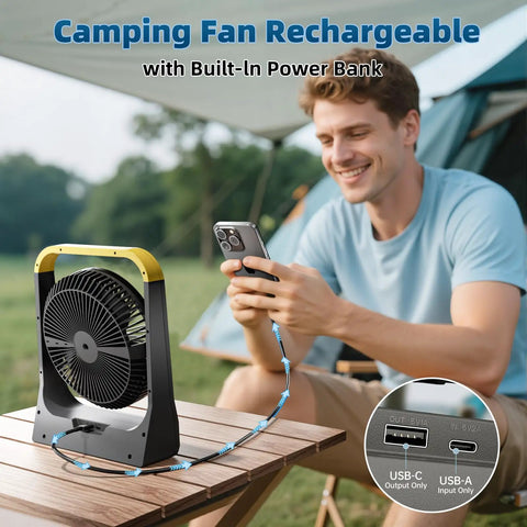 20800mAh Battery Powered 8 Inch Portable Fan With USB C Fast Recharge 80 Hours Run Time Outdoor Personal Desk Fan on table