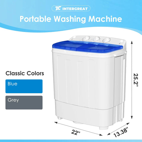 Game Changer Compact Twin Tub Portable Washing Machine With Fast Spin Dryer And Simple Dial Controls Lightweight Semi Automatic Laundry Combo, blue and white, 25.2" tall.