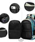 Open Iridescent Mermaid Print Backpack showing roomy interior with pockets for phone, pens, and papers; large-capacity unisex design