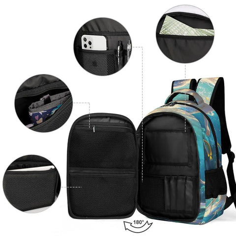 Open Iridescent Mermaid Print Backpack showing roomy interior with pockets for phone, pens, and papers; large-capacity unisex design