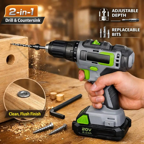 Five Pack Countersink Drill Bit Set With M2 HSS installed in power drill next to wood with clean flush finish, includes hex key and sizes 4-12