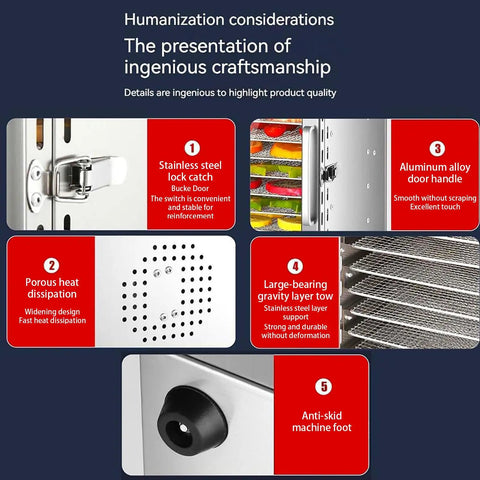 Close-up details of Heavy Duty Electric Food Dehydrator With Eight Roomy Stainless Trays, showcasing craftsmanship features.
