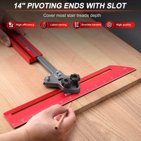 Pro Grade Stair Tread Template Tool With Adjustable 23 Inch To 64.2 Inch Bar 14 Inch Pivoting Scale Dual Knobs And Stop Pins on wood