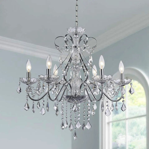 6 Light Crystal Chandelier With Chrome Finish Pendant Lighting For Dining Room Bedroom Living Room Raindrop Style LED Ready Height 23"