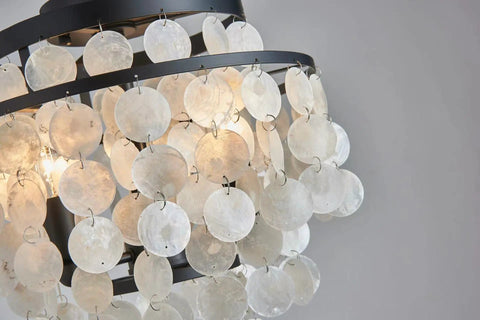 Close-up of Capiz Shell Semi Flush Mount Ceiling Light in Matte Black for Bedroom and Kitchen Dope Coastal Style Pendant Fixture