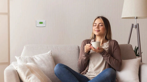 Woman enjoying cozy comfort near 7 Day Programmable Thermostat With Backlit Digital Display And Precise Temperature Control