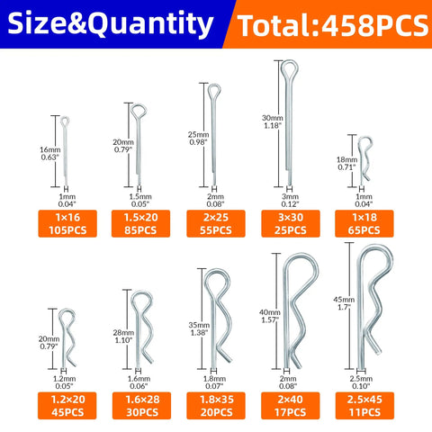 458 Pieces Cotter Pin And R Pin Assortment Kit With Locking Pins Split Pins And Tractor Clips For Mechanical Hitch Pins Carbon Pro Grade Heavy Duty Construction For Farm And Equipment sizes