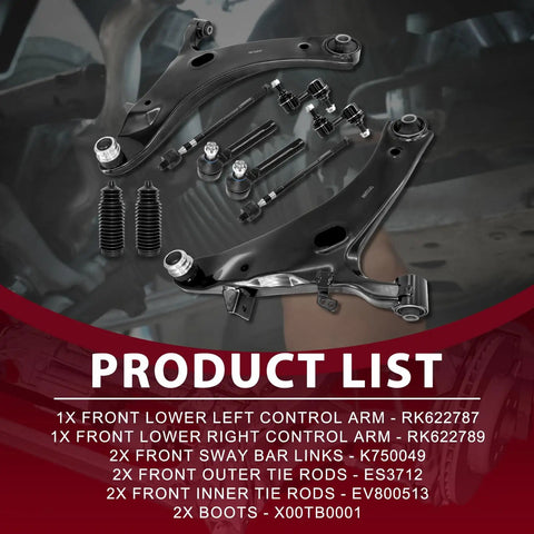Solid Front Control Arms Kit For Subaru Forester 2009-2013 With Sway Bar Links And Tie Rod Ends To Make Your Ride Handle Like A Dream. front lower arms, tie rods, boots