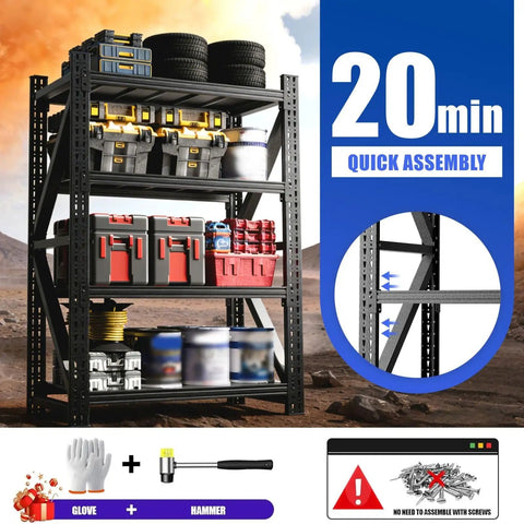 Rock Solid 69 Inch Black Metal Shelving Unit Heavy Duty Steel Rack With Tool Free Setup For Garage Warehouse Mega Storage stacked with tools and containers.