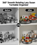 Heavy Duty Metal Lazy Susan Turntable Organizer With Slick Gunmetal Finish And Hella Sturdy Spinning Rack For Kitchen Counter And Pantry Storage Plus Compact 9 8 Inch Rotating Tray Set Includes Two Pieces - before and after pantry storage organization.
