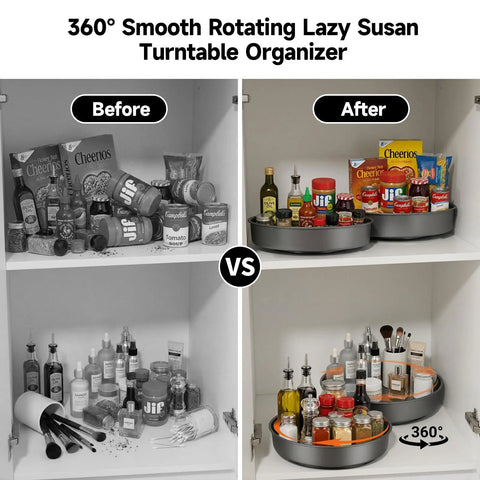 Heavy Duty Metal Lazy Susan Turntable Organizer With Slick Gunmetal Finish And Hella Sturdy Spinning Rack For Kitchen Counter And Pantry Storage Plus Compact 9 8 Inch Rotating Tray Set Includes Two Pieces - before and after pantry storage organization.