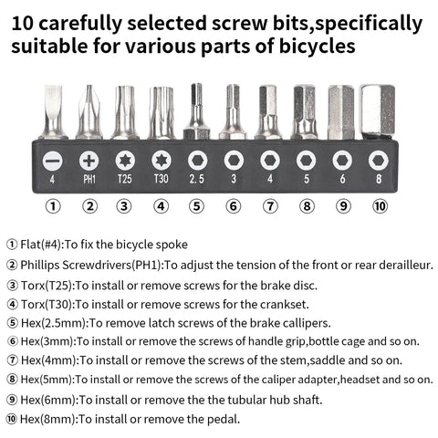 Ten bits from All In One Bike Repair Kit With Mini Ratchet Wrench And Ten Bits One Quarter Inch Ratcheting Driver Extension Rod