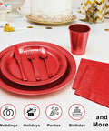 Kickback Ready Red Plastic Dinnerware Set Feeds Fifty Guests With Nine Inch Plates Seven Inch Snack Plates 12 Ounce Cups Utensils And Napkins for parties.