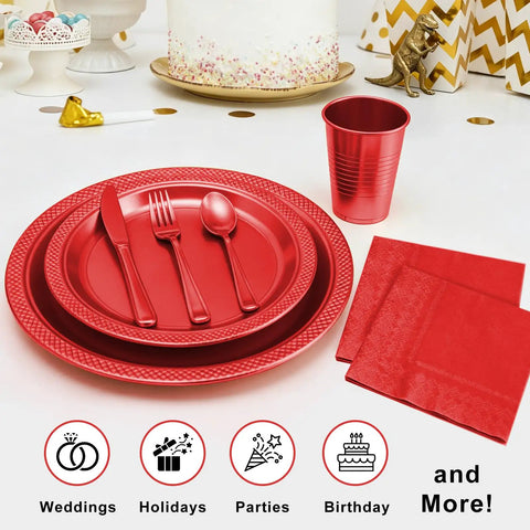 Kickback Ready Red Plastic Dinnerware Set Feeds Fifty Guests With Nine Inch Plates Seven Inch Snack Plates 12 Ounce Cups Utensils And Napkins for parties.