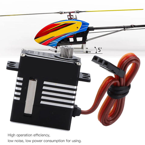 Premium Full Metal Waterproof Steering Gear Servo DS290MG beside an RC helicopter, showcasing its aluminum body and control features.
