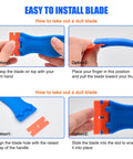 Installation guide for 4 Pcs Plastic Razor Blade Scraper Set With 120 Blades For Label Decal And Adhesive Removal On Windows Glass And Appliances Safe On Surfaces No Scratch Scraping For Stickers Paints Tape Residue Cleanup showing blade replacement steps