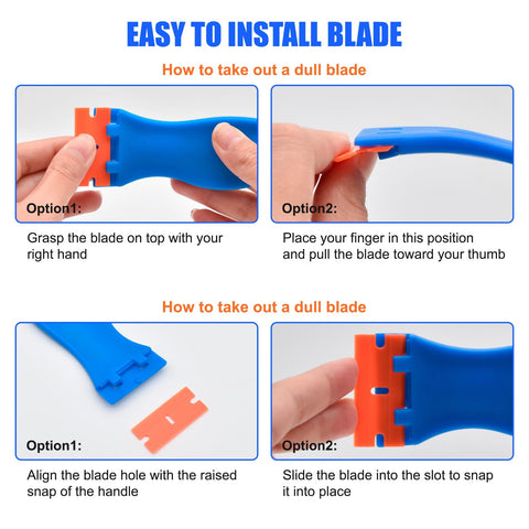 Installation guide for 4 Pcs Plastic Razor Blade Scraper Set With 120 Blades For Label Decal And Adhesive Removal On Windows Glass And Appliances Safe On Surfaces No Scratch Scraping For Stickers Paints Tape Residue Cleanup showing blade replacement steps