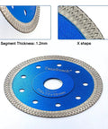 4.5 Inch Diamond Saw Blade For Porcelain Tile Granite Marble Ceramics Fast Clean Cuts With Tile Saw Or Angle Grinder 115mm Outer Diameter 1.2mm Thick X Teeth Design Non Vibration Center 5 Pack Blue close-up view