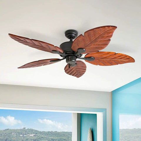 52 Inch Tropical Indoor Ceiling Fan With No Light And Pull Chain Three Mounting Options Hand Carved Wooden Leaf Blades In Bronze Finish Great For Medium To Large Rooms Up To 400 Sq Ft Big Room Breeze displayed in a bright room.