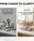 Before and after comparison of messy cosmetics versus tidy Three Pack Stackable Storage Drawers For Under Sink, Bathroom And Kitchen Organization.